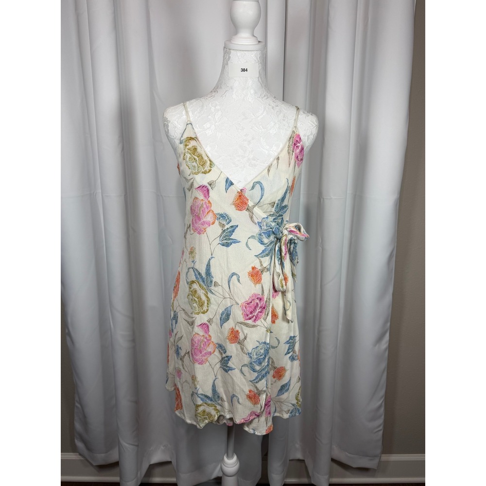 ONeill Womens Floral Wrap Mini Dress Cream Pink Blue Sun Dress Size S